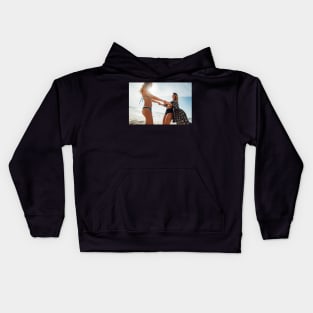 Two Young Pretty Girls Having Fun Together on Sunny Beach Kids Hoodie